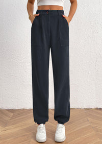 Women's Dressy Casual Pants Elastic High Waisted Work Office Corduroy Trouser Slacks with Pockets