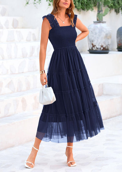 PRETTYGARDEN Women's Tulle Midi Dress Sleeveless Smocked Ruffle Mesh Flowy Dresses Party Wedding Guest Sundress