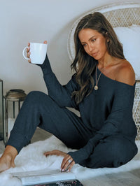 PRETTYGARDEN Women's 2 Piece Ribbed Tracksuit Outfits Off Shoulder Long Sleeve Pullover Lounge Pants with Pockets