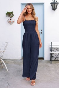 Linen Smocked Spaghetti Strap Pockets Wide Leg Rompers