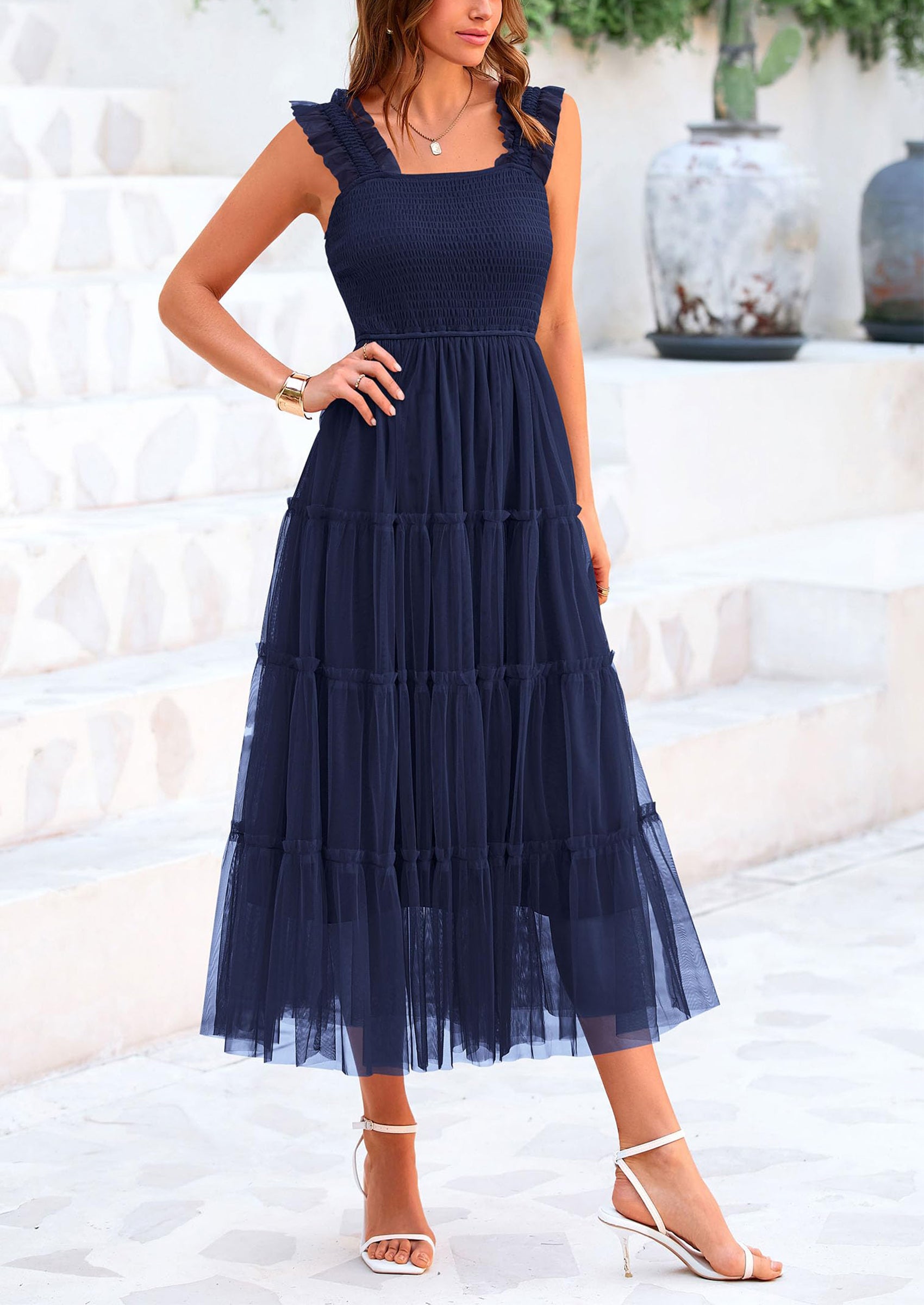 PRETTYGARDEN Women's Tulle Midi Dress Sleeveless Smocked Ruffle Mesh Flowy Dresses Party Wedding Guest Sundress