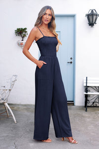 Linen Smocked Spaghetti Strap Pockets Wide Leg Rompers