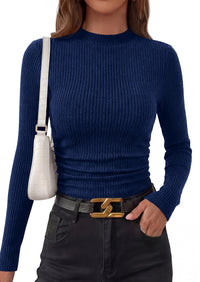 PRETTYGARDEN Womens Tops Fall Long Sleeve Going Out Shirts Ribbed Knit Mock Neck T-Shirt Fitted Ruched Y2K Crop Top