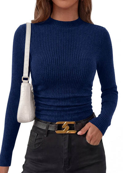 PRETTYGARDEN Womens Tops Fall Long Sleeve Going Out Shirts Ribbed Knit Mock Neck T-Shirt Fitted Ruched Y2K Crop Top