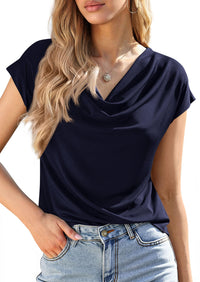 PRETTYGARDEN Blouses for Women Dressy Casual 2026 Summer Cowl Neck Short Sleeve Tops Spring Work Office Teacher Shirts PRETTYGARDEN