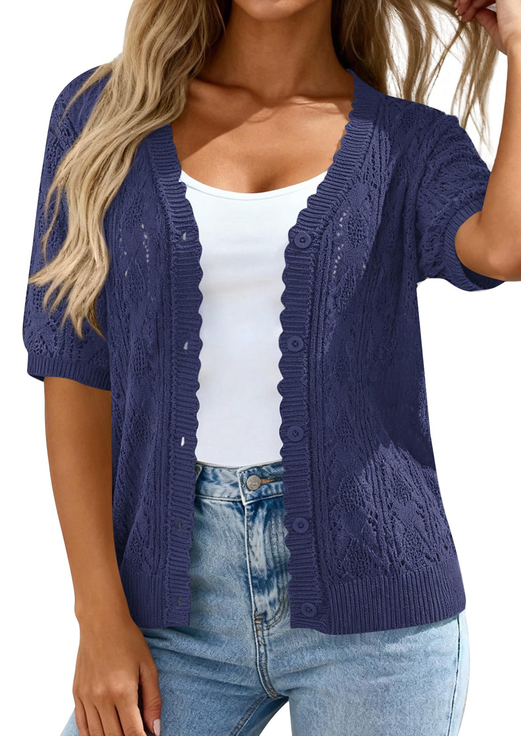 PRETTYGARDEN Short Sleeve Crochet Knit Summer Cardigans for Women Lightweight Button Down Hollow Out Sweater Beach Cover Up PRETTYGARDEN