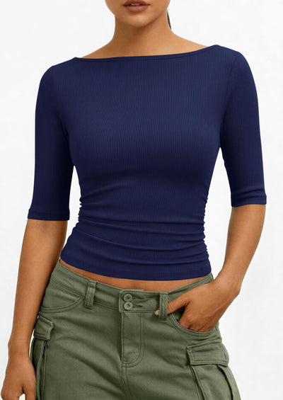 PRETTYGARDEN Womens Summer Short Sleeve Tops Boat Neck Ribbed Knit Slim Fit T Shirt Casual Basic Top Spring Clothes PRETTYGARDEN