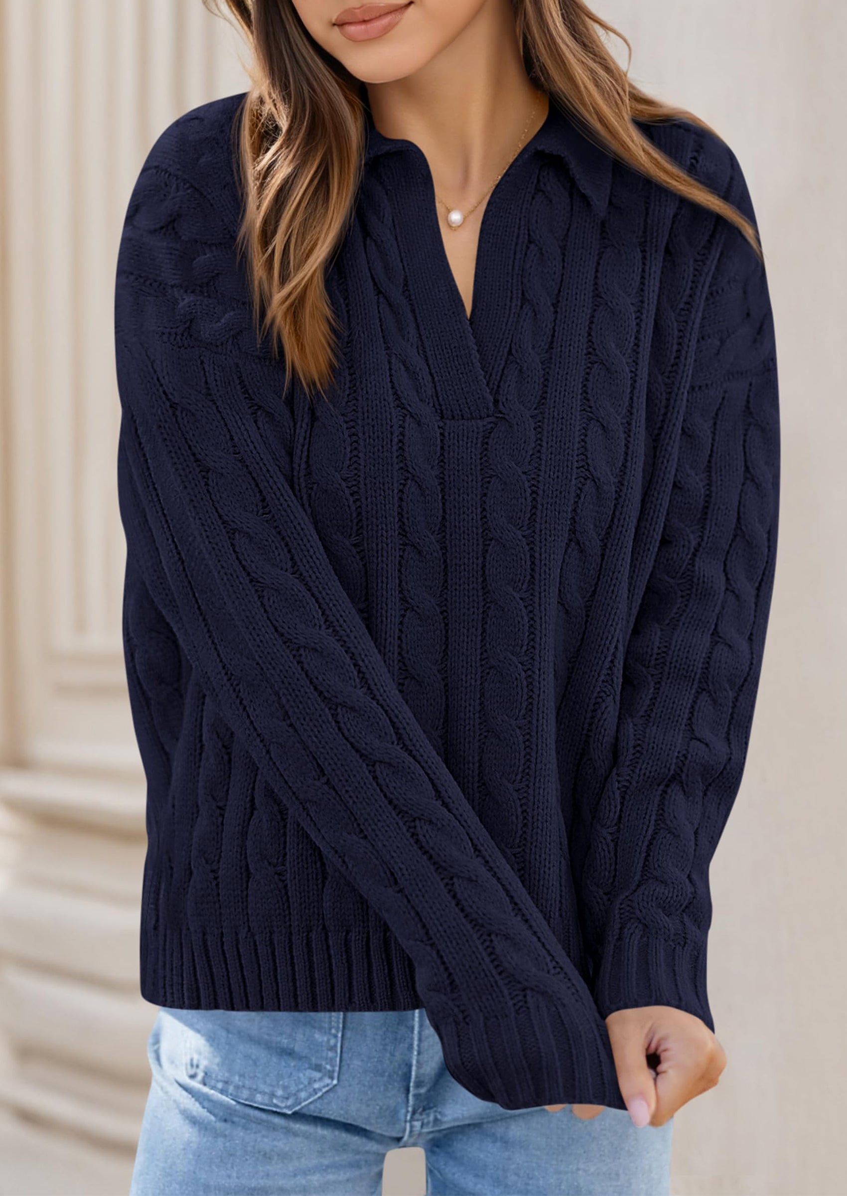 PRETTYGARDEN Fall Cable Knit Oversized Sweaters for Women Polo V Neck Long Sleeve Casual Chunky Sweater Pullover Tops PRETTYGARDEN