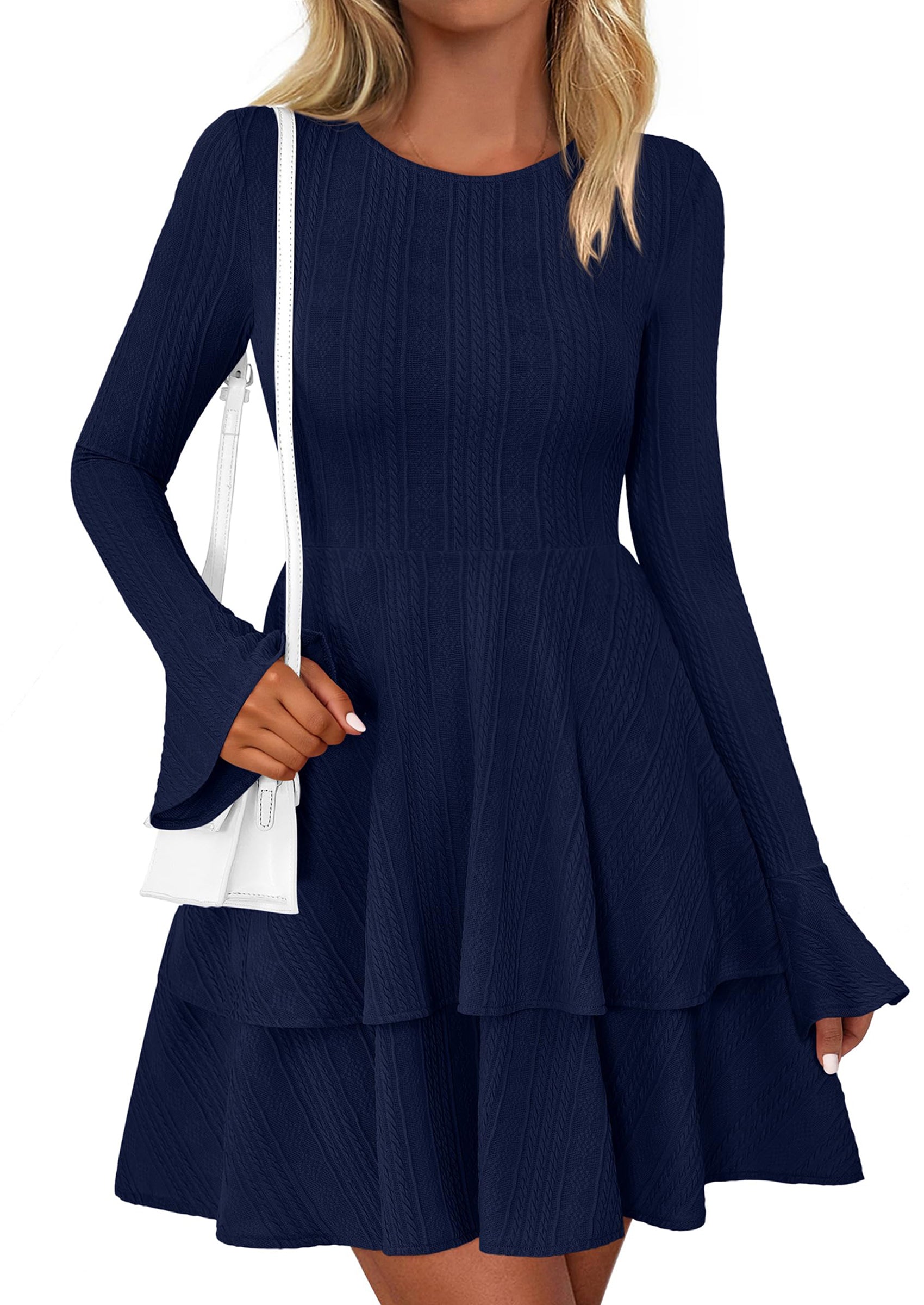 PRETTYGARDEN Womens Spring Fashion Long Bell Sleeve Mini Sweater Dress Casual Crewneck A Line Knit Short Cocktail Dresses - PRETTYGARDEN