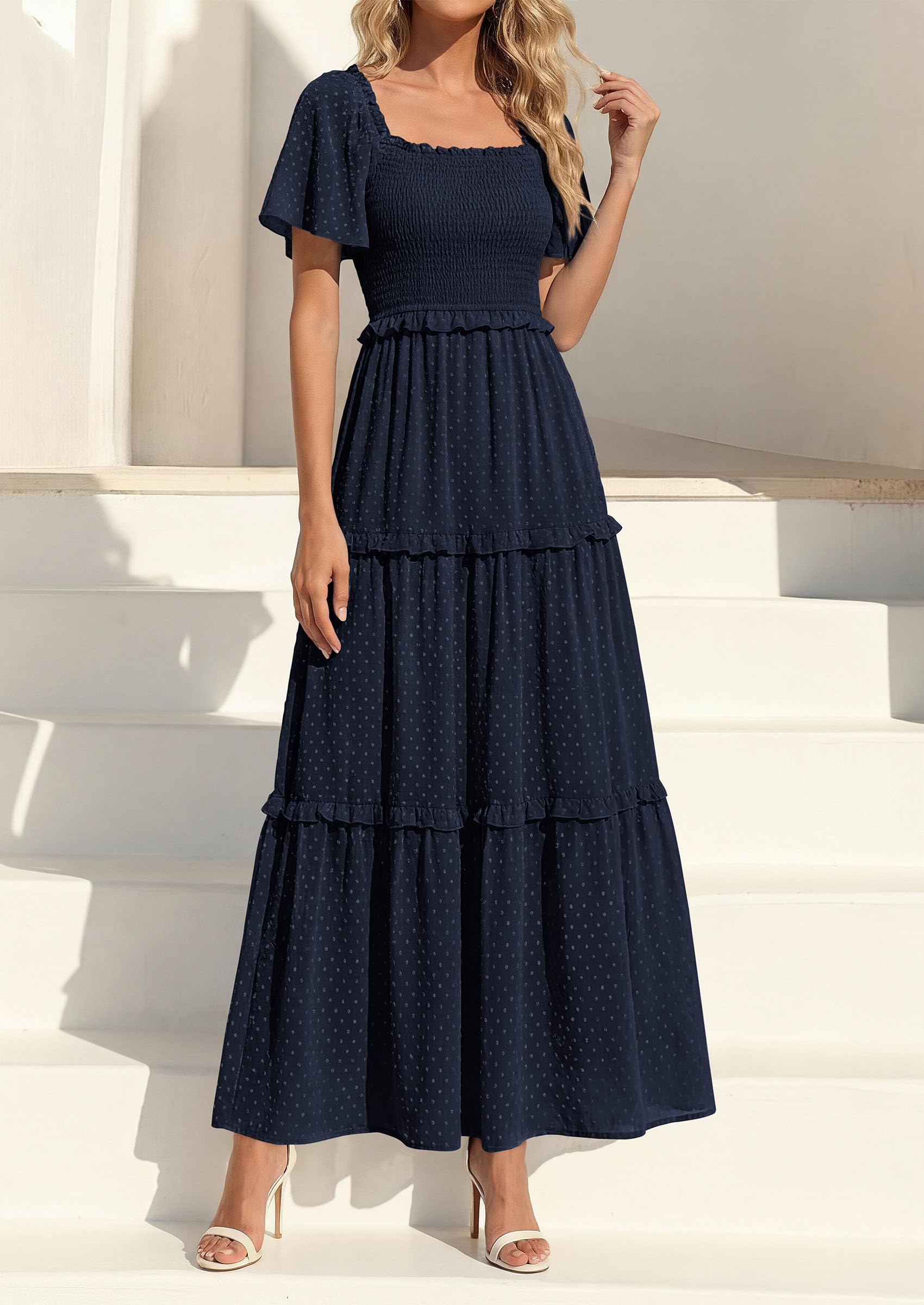 PRETTYGARDEN Summer Dresses for Women Boho Swiss Dot Smocked Square Neck Short Sleeve Spring Wedding Guest Maxi Dress PRETTYGARDEN