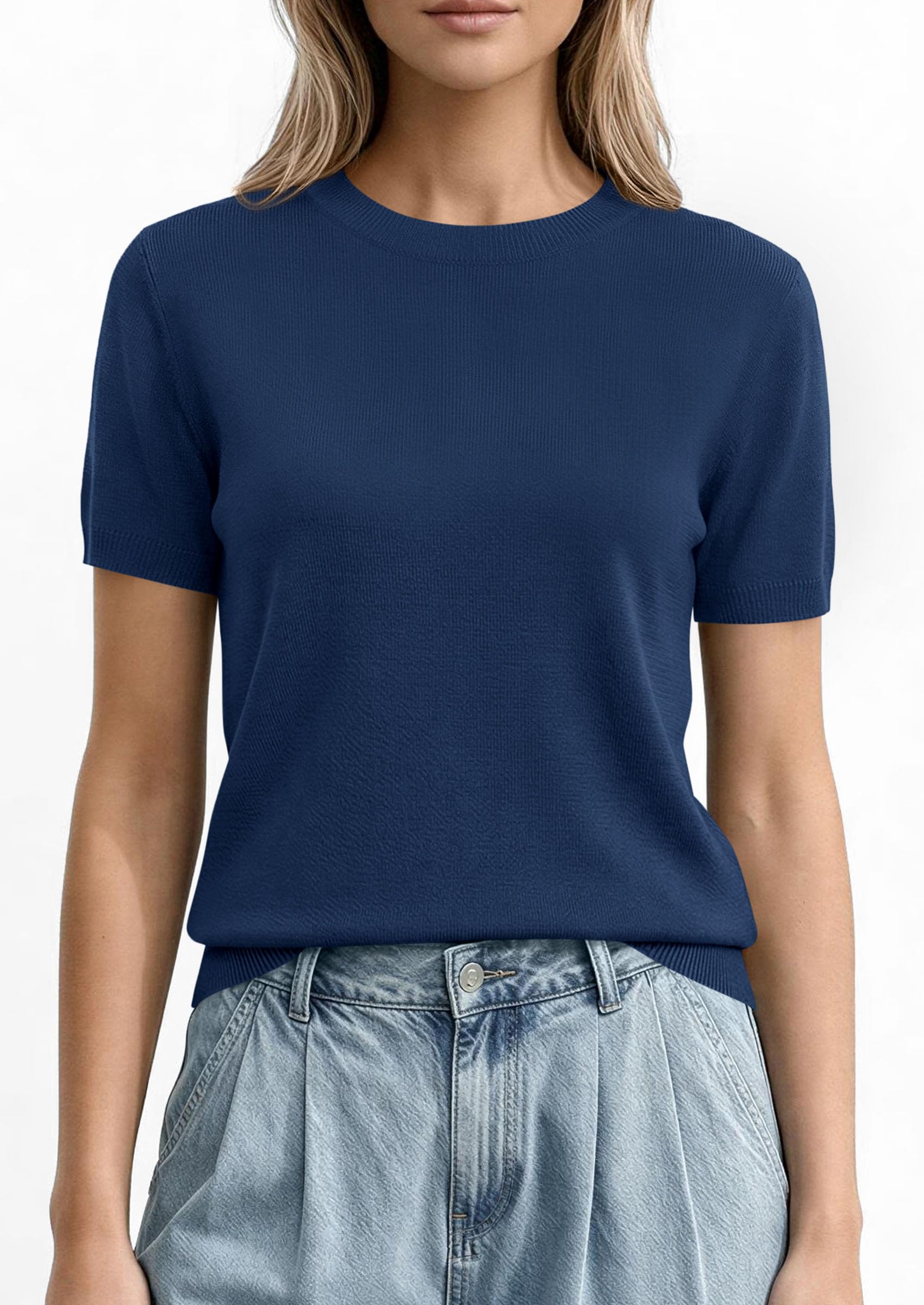 PRETTYGARDEN Women's Short Sleeve Sweaters Spring Crew Neck Knit Work Shirts Business Casual Tops Summer Fashion Clothes PRETTYGARDEN