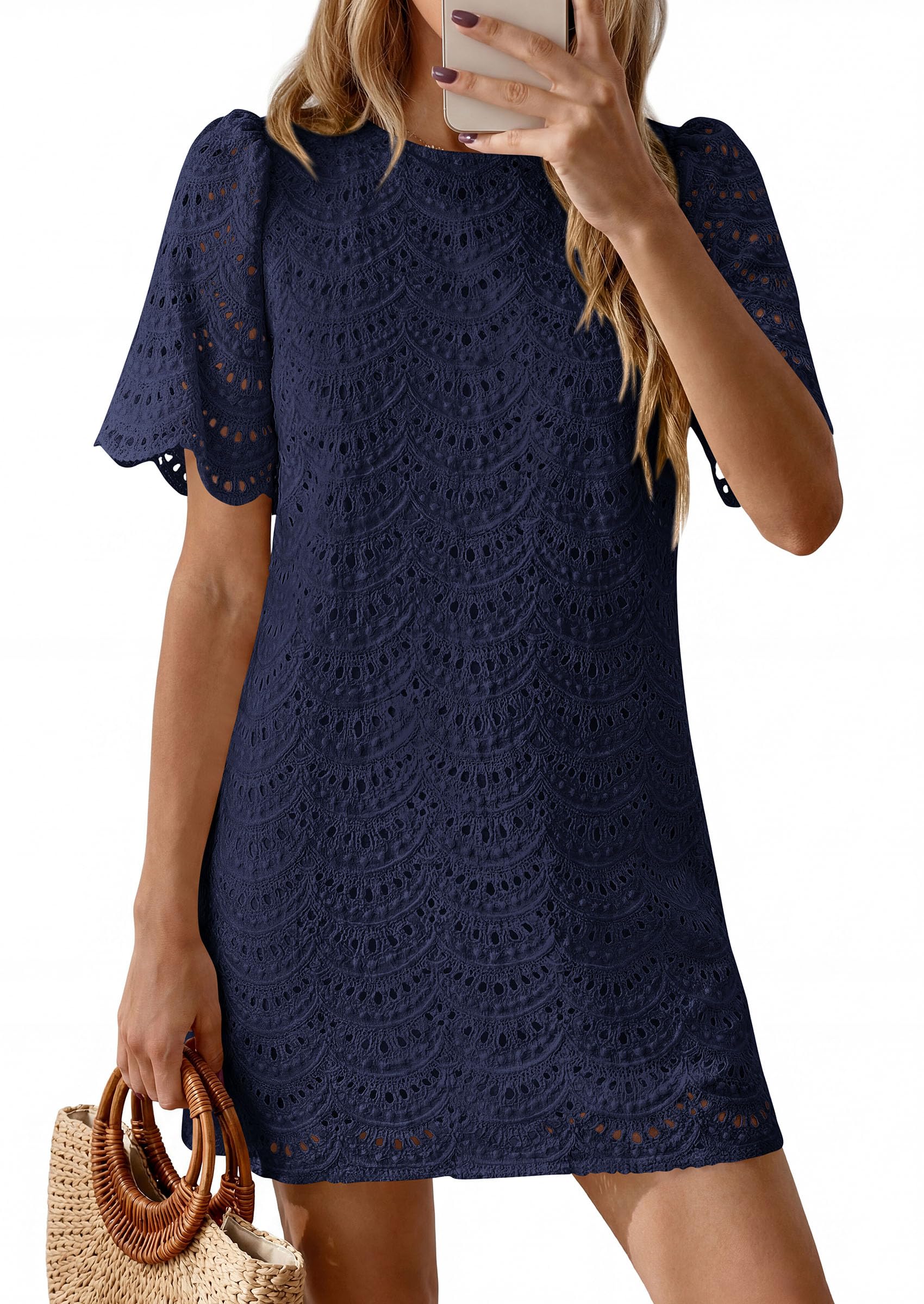 PRETTYGARDEN Women's Summer Casual Short Dresses Embroidered Lace Short Sleeve Boho Mini Dress Beach Vacation Clothes PRETTYGARDEN