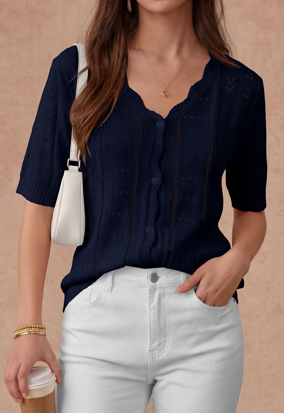 PRETTYGARDEN Womens Short Sleeve Crochet Knit Sweater Spring Fashion Button Down Lightweight Cardigans Summer Tops PRETTYGARDEN