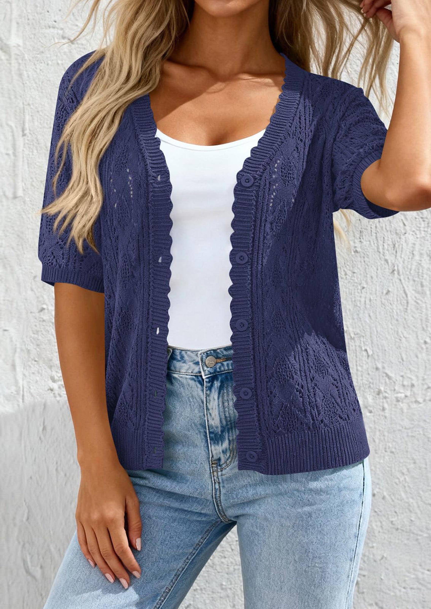 PRETTYGARDEN Short Sleeve Crochet Knit Summer Cardigans for Women Lightweight Button Down Hollow Out Sweater Beach Cover Up PRETTYGARDEN