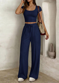 PRETTYGARDEN Women's 2 Piece Matching Lounge Sets Ribbed Short Sleeve Crop Tops Wide Leg Pants Summer Airport Outfits PRETTYGARDEN