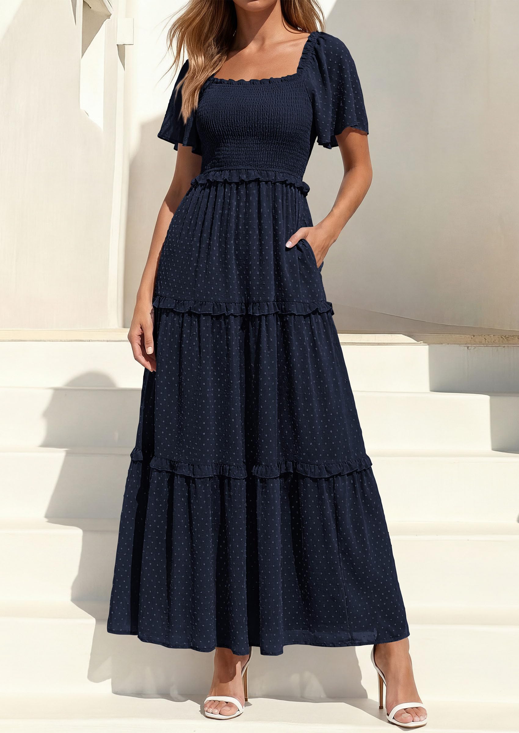 PRETTYGARDEN Summer Dresses for Women Boho Swiss Dot Smocked Square Neck Short Sleeve Spring Wedding Guest Maxi Dress PRETTYGARDEN