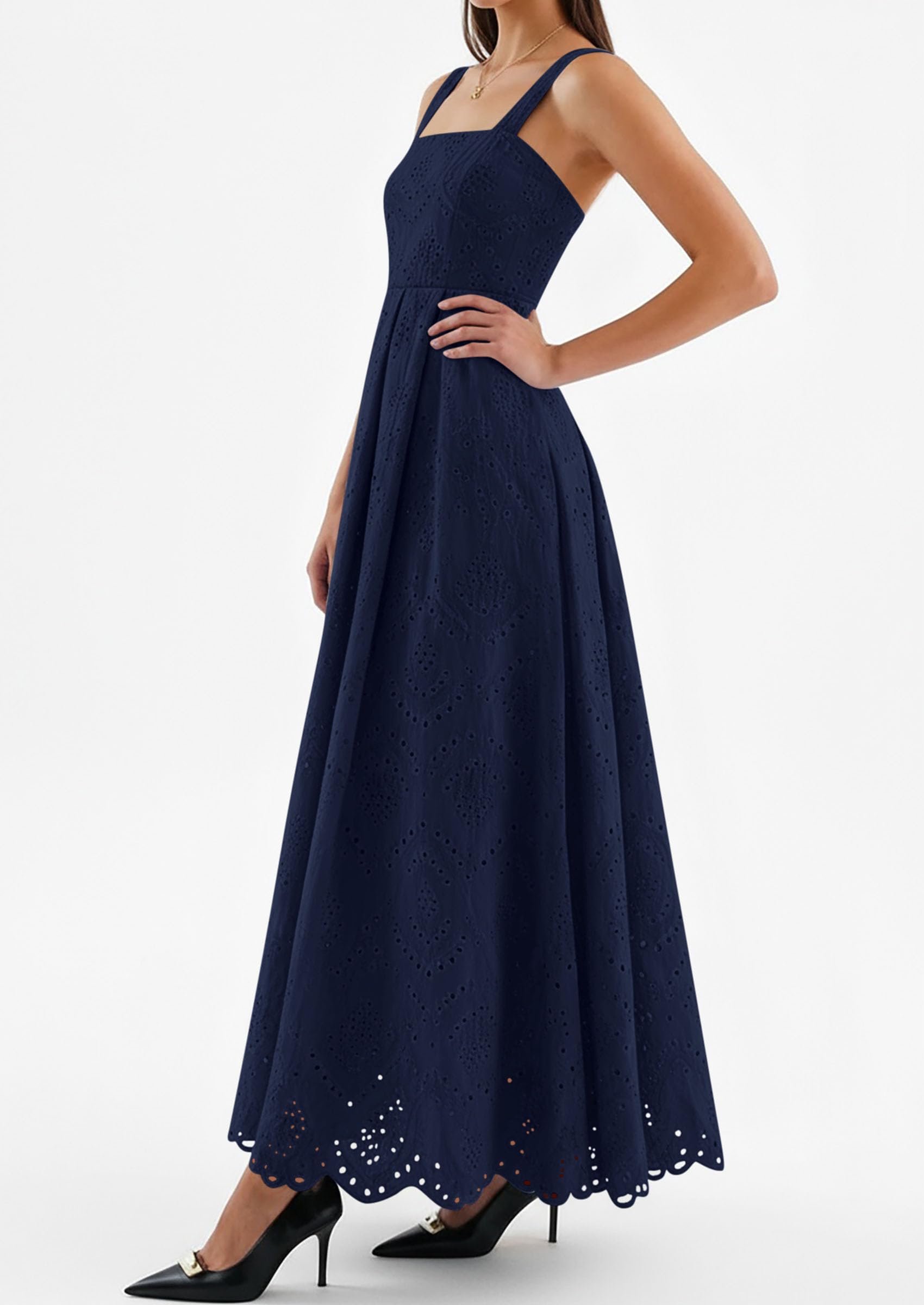 PRETTYGARDEN Womens Sleeveless Maxi Summer Dresses Hollow Out Eyelet Square Neck Ruffle Flowy Beach Vacation Sundress PRETTYGARDEN