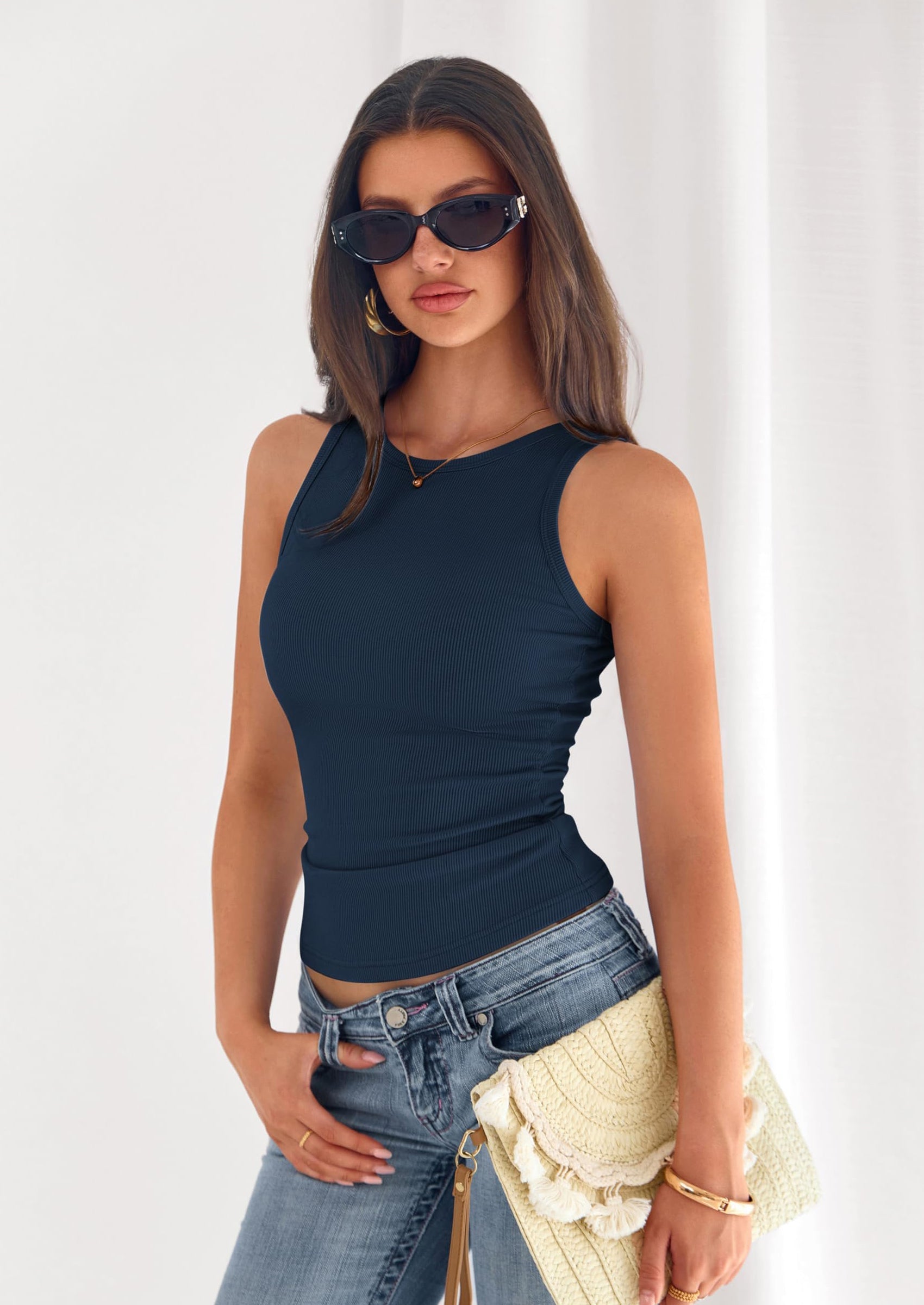 PRETTYGARDEN Womens Summer High Neck Ribbed Tank Tops Casual Basic Sleeveless Slim Fitted Racerback Workout T Shirts PRETTYGARDEN