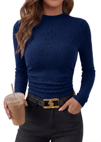 PRETTYGARDEN Womens Tops Fall Long Sleeve Going Out Shirts Ribbed Knit Mock Neck T-Shirt Fitted Ruched Y2K Crop Top