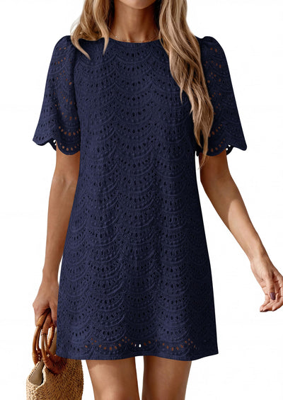 PRETTYGARDEN Women's Summer Casual Short Dresses Embroidered Lace Short Sleeve Boho Mini Dress Beach Vacation Clothes PRETTYGARDEN