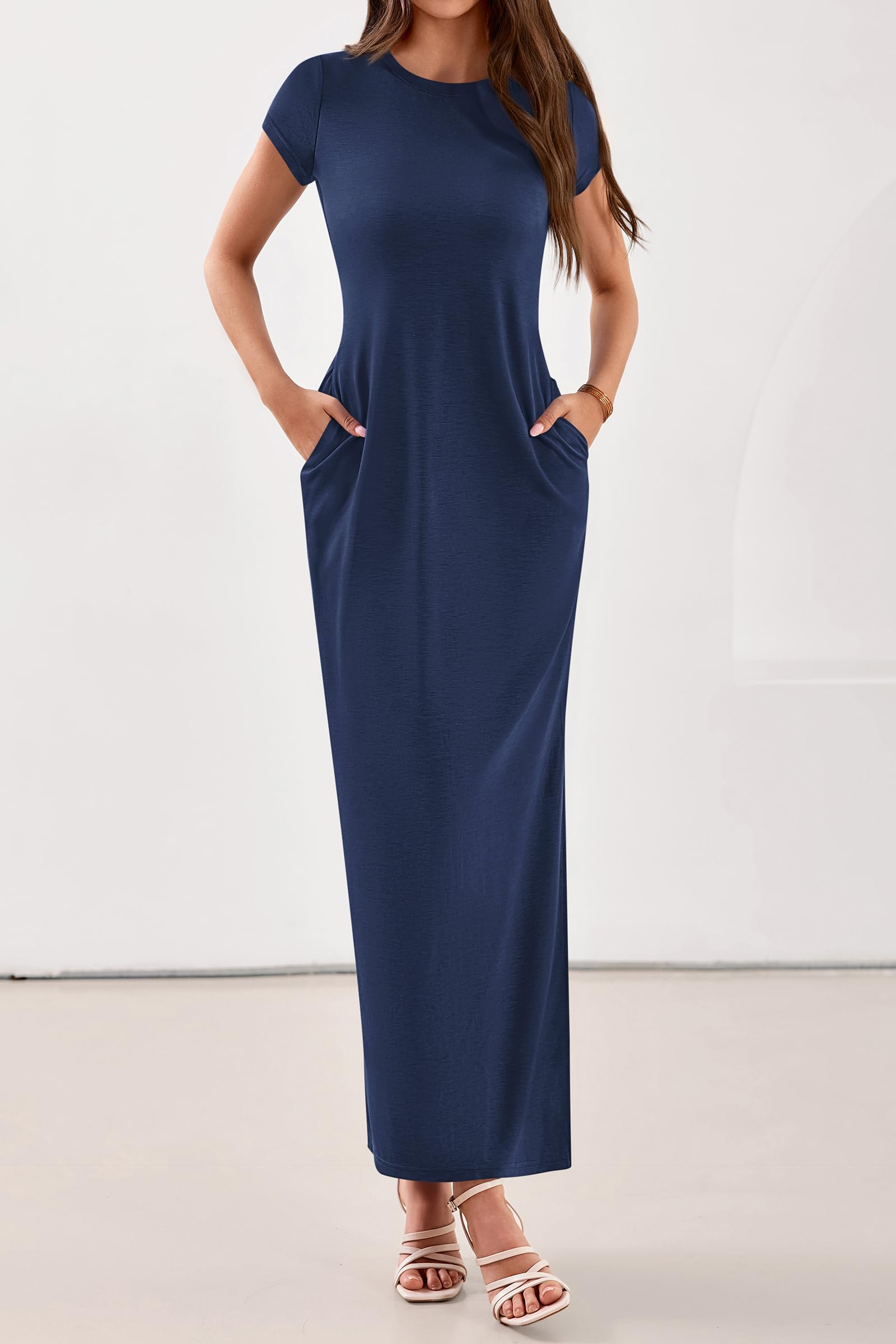 PRETTYGARDEN Womens Summer Maxi Dresses Casual Short Sleeve Crewneck Knit Slit T Shirt Dress Spring Long Beach Sundress PRETTYGARDEN