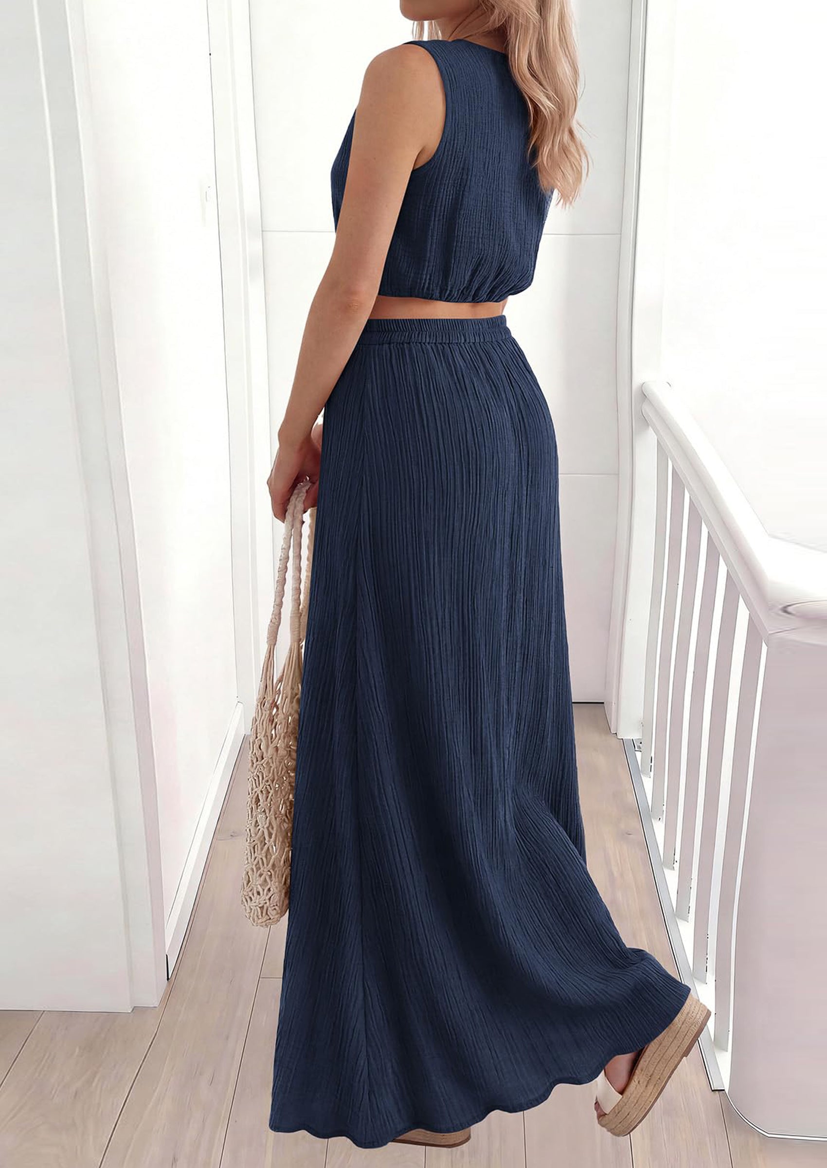 PRETTYGARDEN 2 Piece Sets for Women Summer Outfits Fashion Cotton Sleeveless Crop Top Long Maxi Skirt Set with Pockets