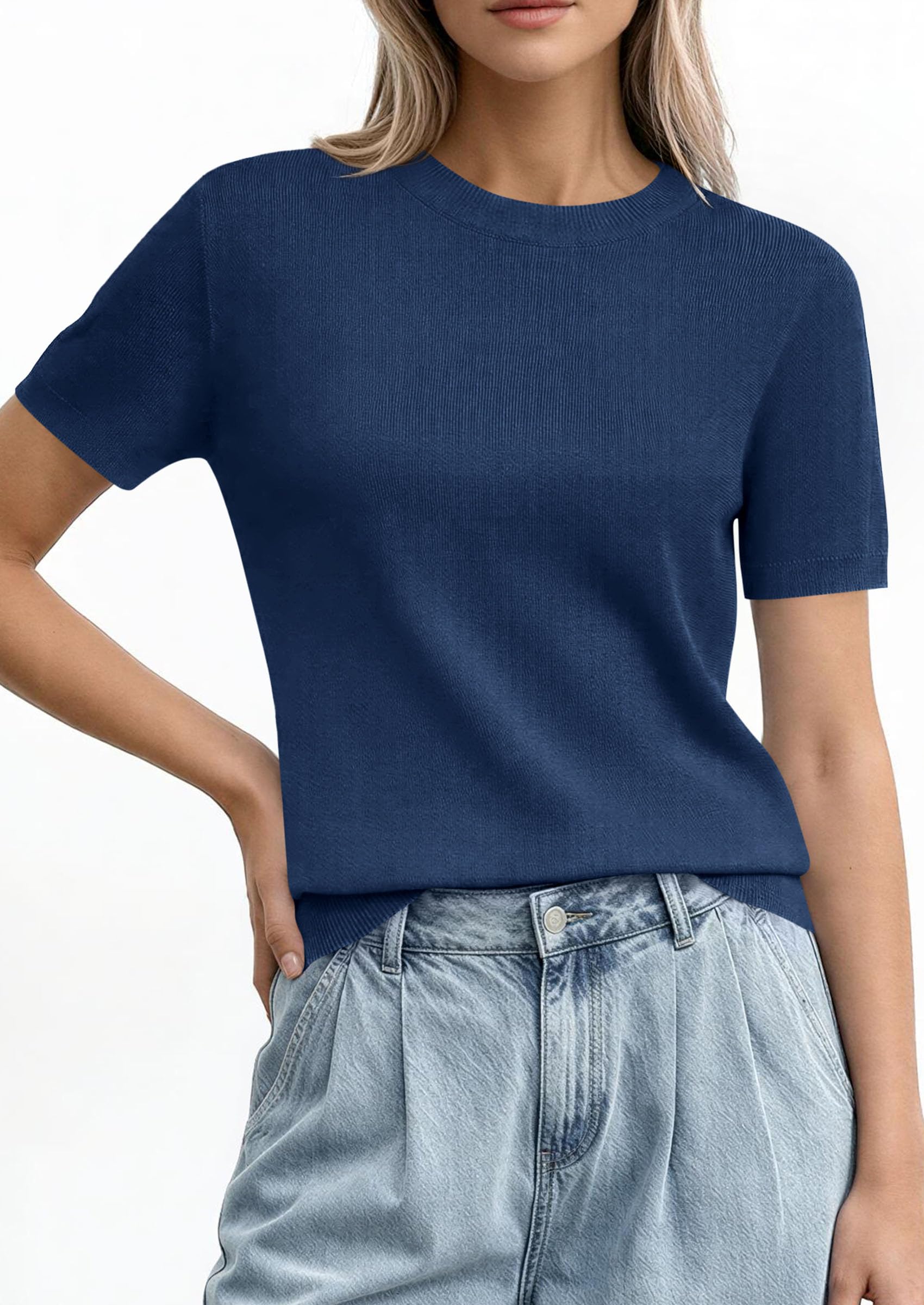 PRETTYGARDEN Women's Short Sleeve Sweaters Spring Crew Neck Knit Work Shirts Business Casual Tops Summer Fashion Clothes PRETTYGARDEN