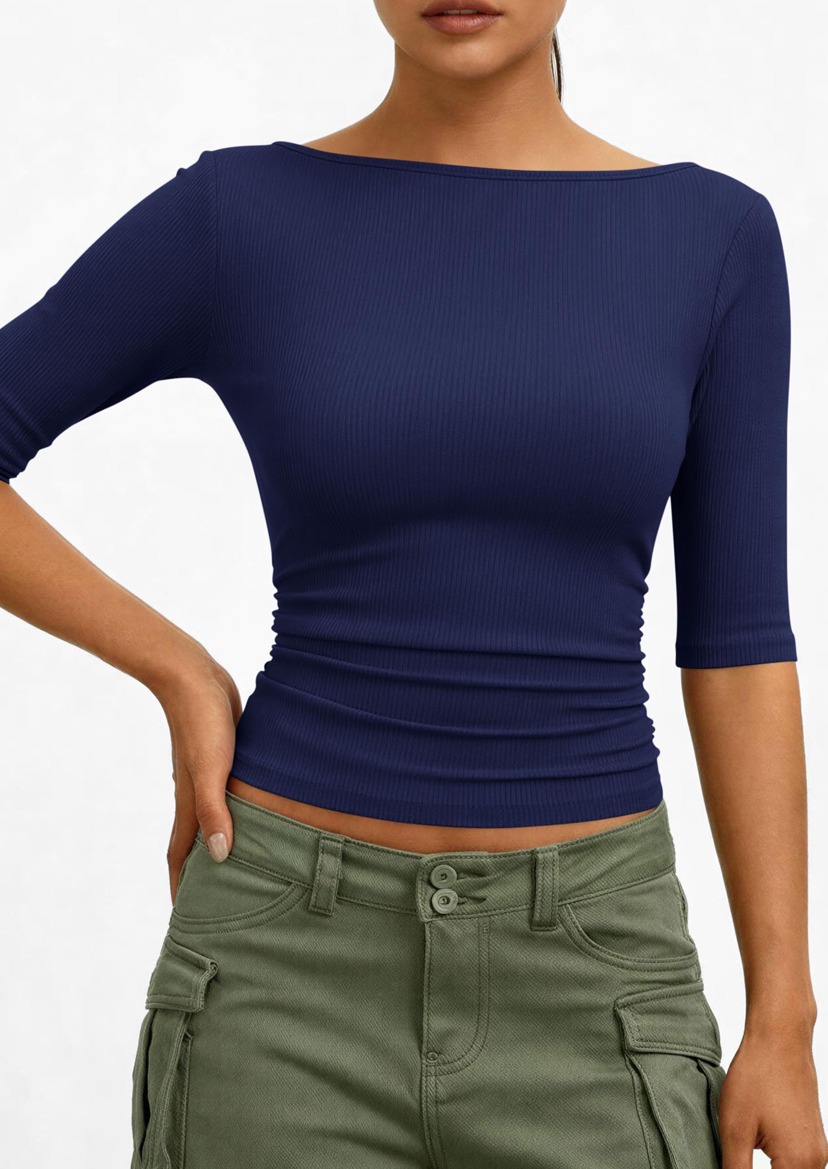 PRETTYGARDEN Womens Summer Short Sleeve Tops Boat Neck Ribbed Knit Slim Fit T Shirt Casual Basic Top Spring Clothes PRETTYGARDEN