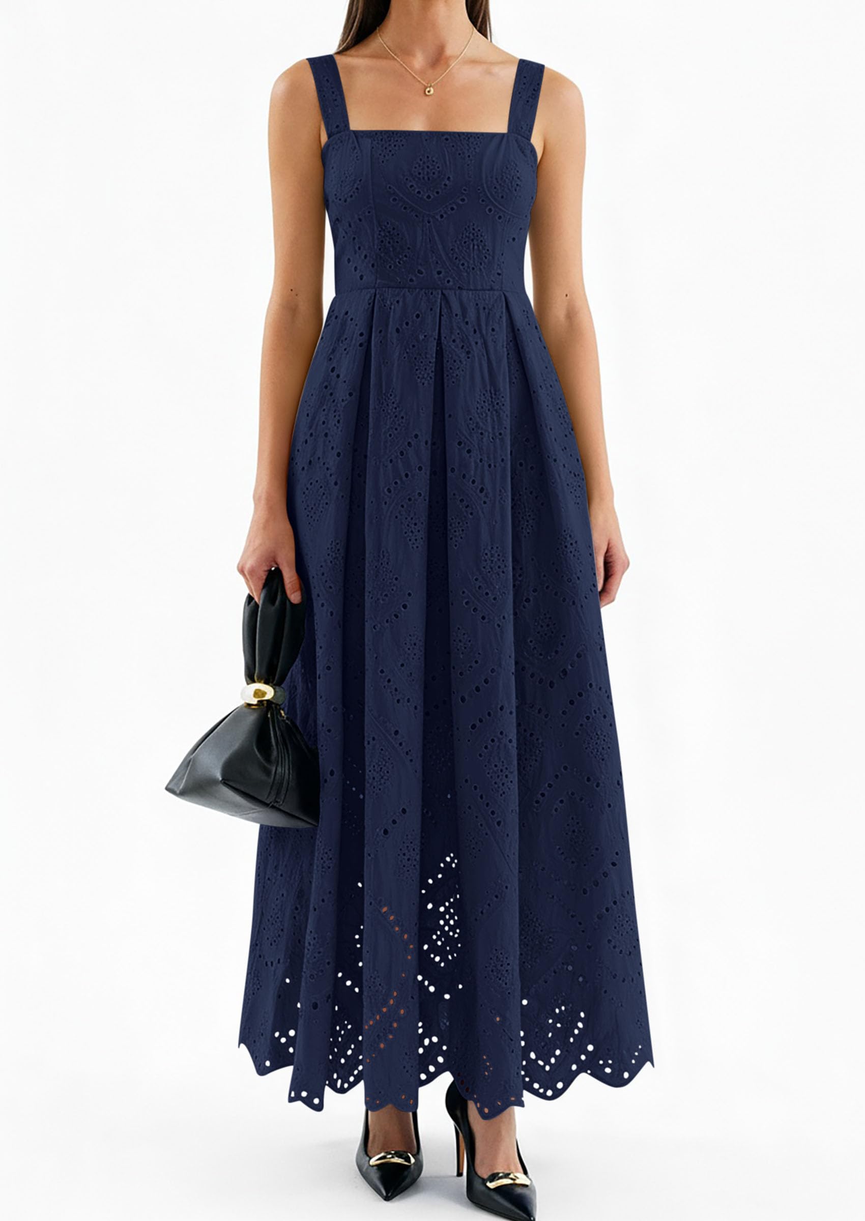 PRETTYGARDEN Womens Sleeveless Maxi Summer Dresses Hollow Out Eyelet Square Neck Ruffle Flowy Beach Vacation Sundress PRETTYGARDEN