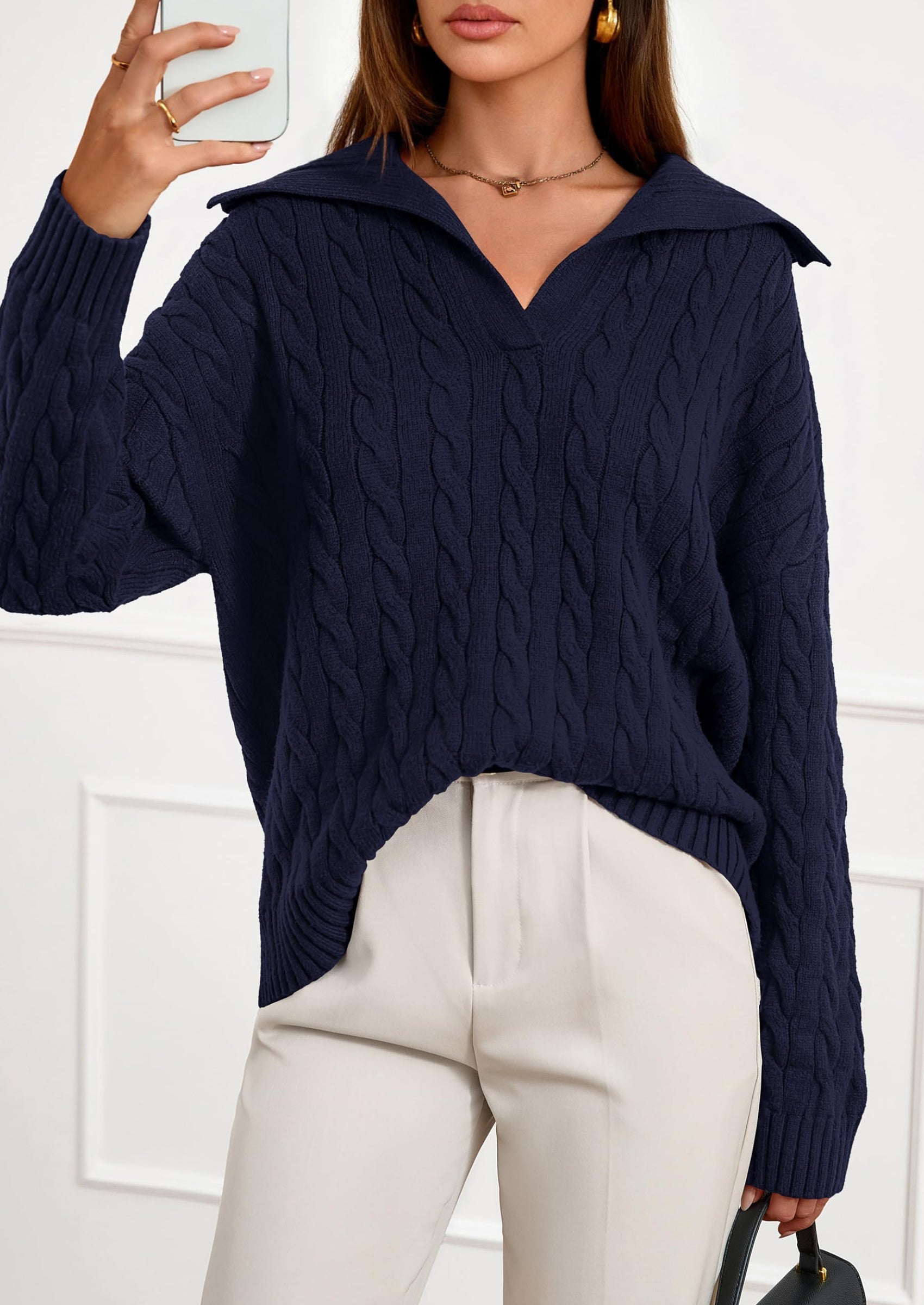 PRETTYGARDEN Fall Cable Knit Oversized Sweaters for Women Polo V Neck Long Sleeve Casual Chunky Sweater Pullover Tops PRETTYGARDEN