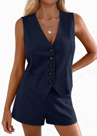 PRETTYGARDEN 2 Piece Sets for Women Spring Fashion Button Vest Tops High Waist Shorts Summer Business Casual Outfits PRETTYGARDEN