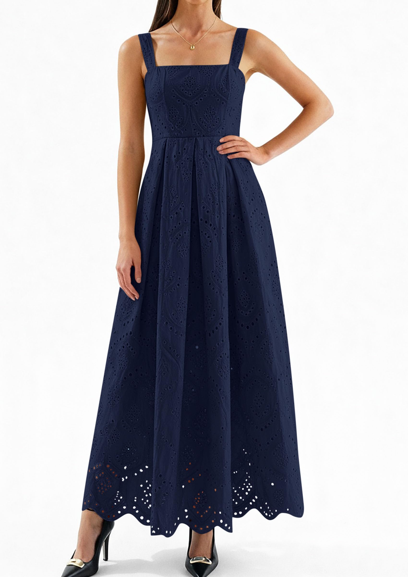 PRETTYGARDEN Womens Sleeveless Maxi Summer Dresses Hollow Out Eyelet Square Neck Ruffle Flowy Beach Vacation Sundress PRETTYGARDEN