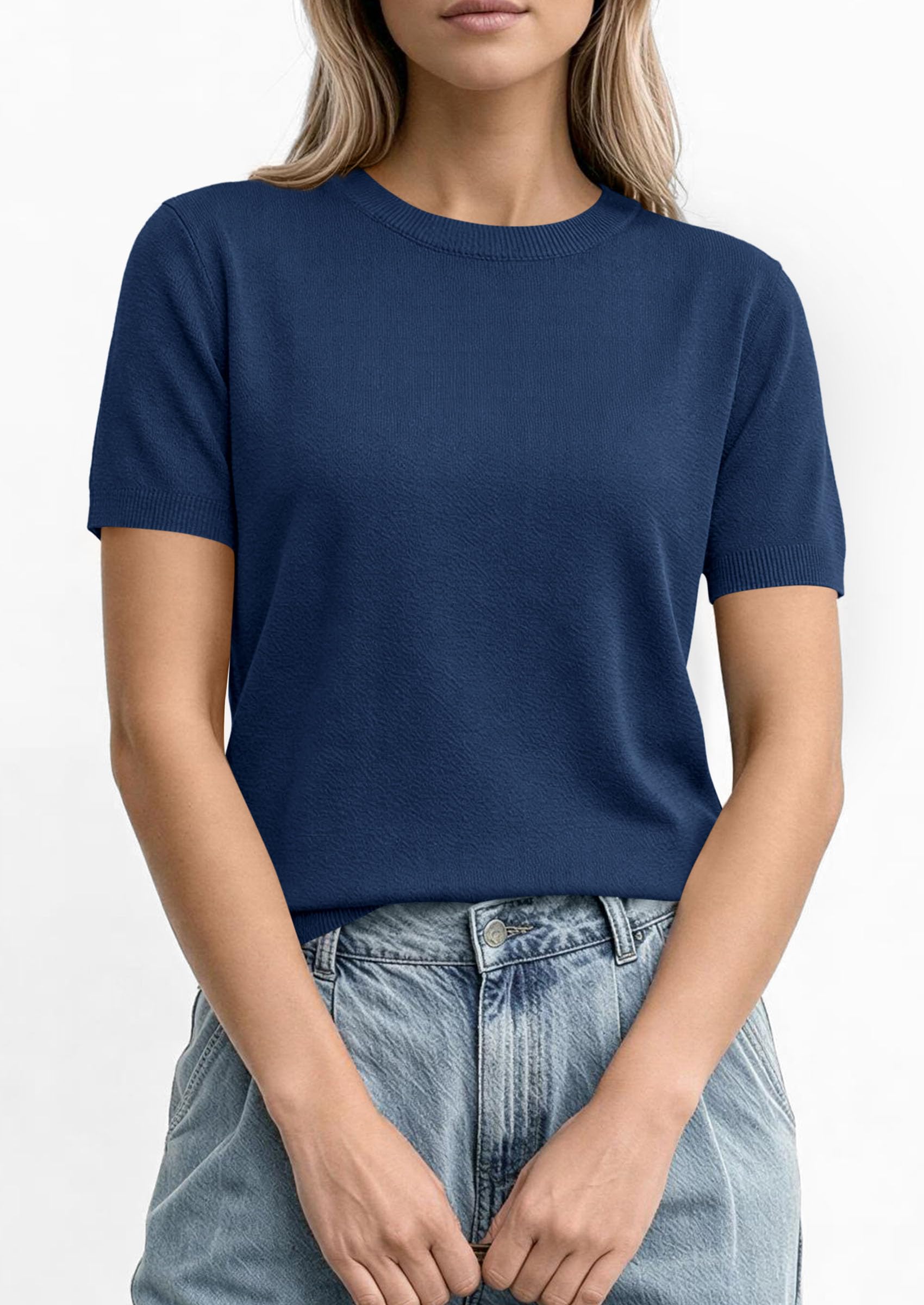 PRETTYGARDEN Women's Short Sleeve Sweaters Spring Crew Neck Knit Work Shirts Business Casual Tops Summer Fashion Clothes PRETTYGARDEN