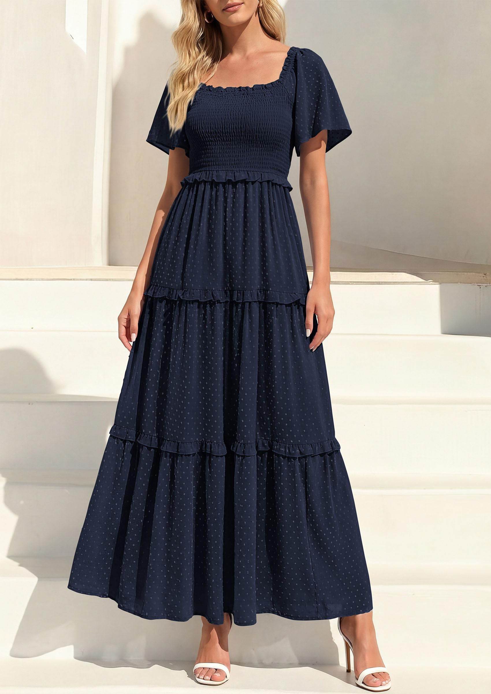 PRETTYGARDEN Summer Dresses for Women Boho Swiss Dot Smocked Square Neck Short Sleeve Spring Wedding Guest Maxi Dress PRETTYGARDEN