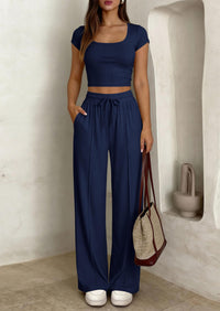 PRETTYGARDEN Women's 2 Piece Matching Lounge Sets Ribbed Short Sleeve Crop Tops Wide Leg Pants Summer Airport Outfits PRETTYGARDEN