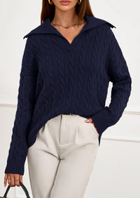 PRETTYGARDEN Fall Cable Knit Oversized Sweaters for Women Polo V Neck Long Sleeve Casual Chunky Sweater Pullover Tops PRETTYGARDEN