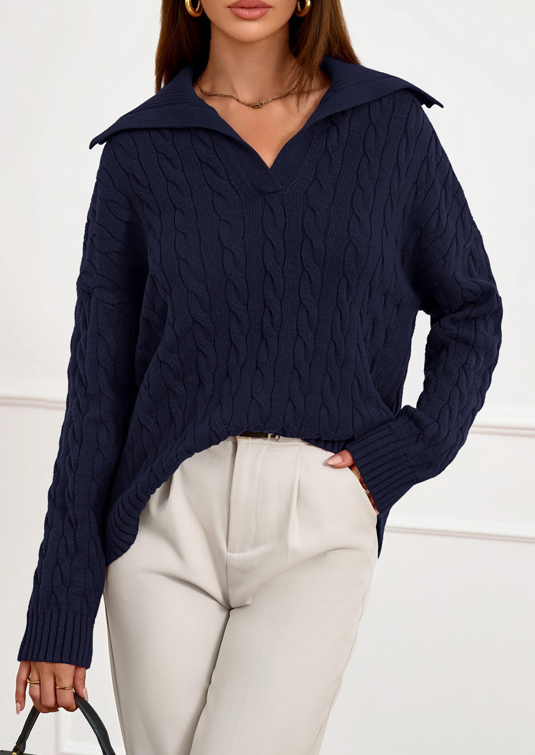 PRETTYGARDEN Fall Cable Knit Oversized Sweaters for Women Polo V Neck Long Sleeve Casual Chunky Sweater Pullover Tops PRETTYGARDEN