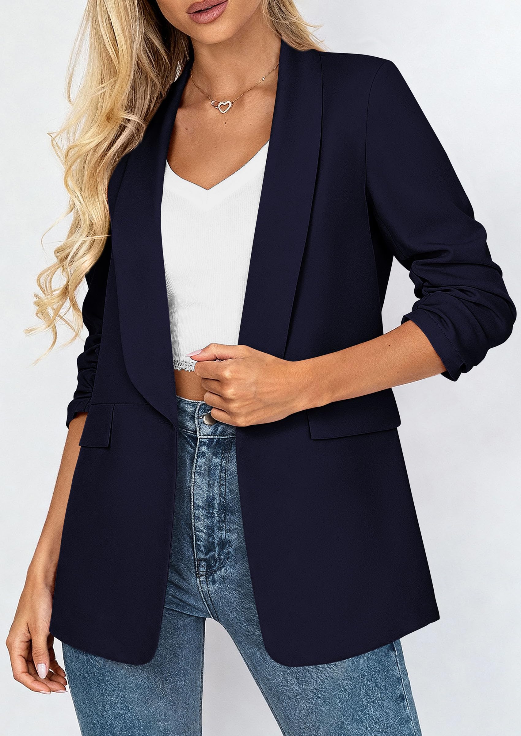 PRETTYGARDEN Women's Spring Blazers Business Casual Outfits Open Front Ruched 3/4 Sleeve Lightweight Work Suits Jackets PRETTYGARDEN