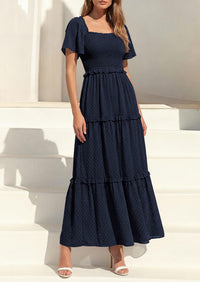 PRETTYGARDEN Summer Dresses for Women Boho Swiss Dot Smocked Square Neck Short Sleeve Spring Wedding Guest Maxi Dress PRETTYGARDEN