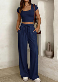 PRETTYGARDEN Women's 2 Piece Matching Lounge Sets Ribbed Short Sleeve Crop Tops Wide Leg Pants Summer Airport Outfits PRETTYGARDEN