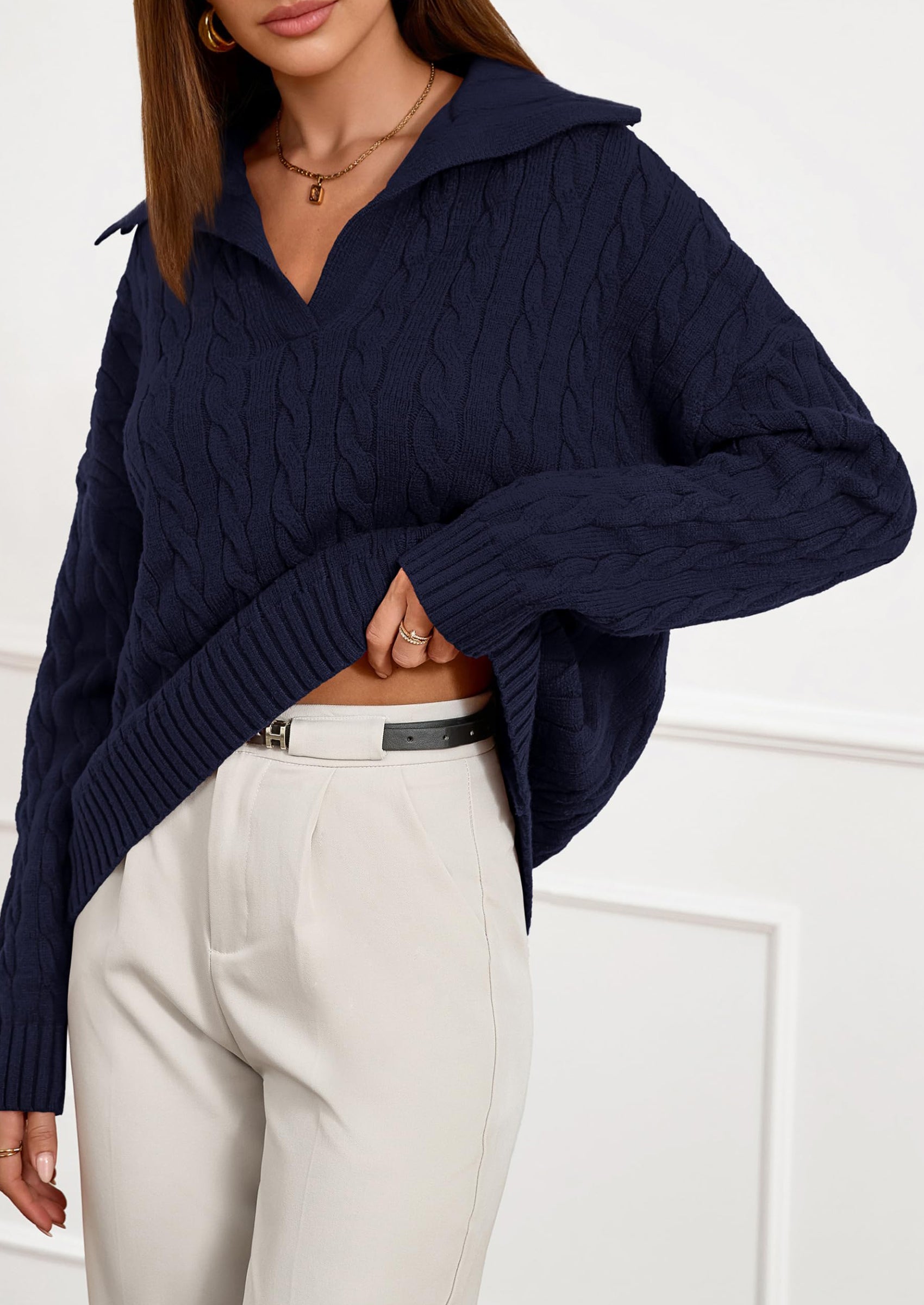 PRETTYGARDEN Fall Cable Knit Oversized Sweaters for Women Polo V Neck Long Sleeve Casual Chunky Sweater Pullover Tops PRETTYGARDEN