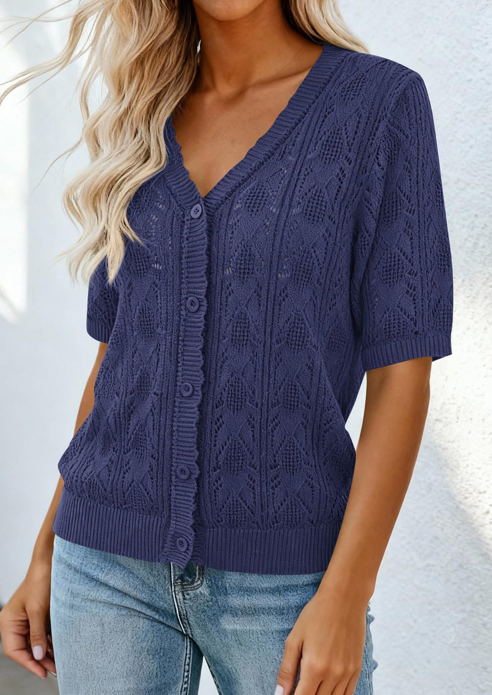 PRETTYGARDEN Short Sleeve Crochet Knit Summer Cardigans for Women Lightweight Button Down Hollow Out Sweater Beach Cover Up PRETTYGARDEN