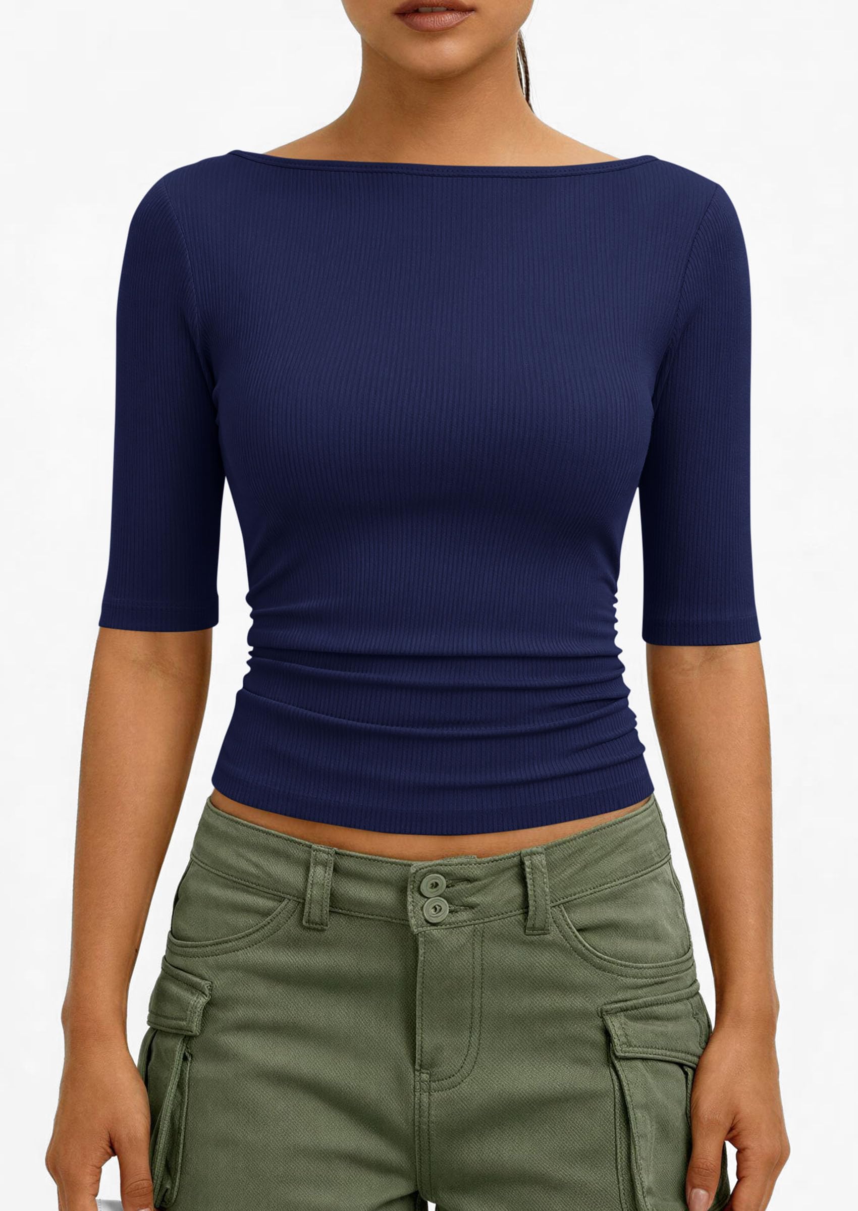 PRETTYGARDEN Womens Summer Short Sleeve Tops Boat Neck Ribbed Knit Slim Fit T Shirt Casual Basic Top Spring Clothes PRETTYGARDEN