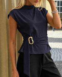 PRETTYGARDEN Women Blouses Spring Dressy Cap Sleeve Mock Neck Work Shirts Buckle Tunic Summer Business Casual Tops PRETTYGARDEN