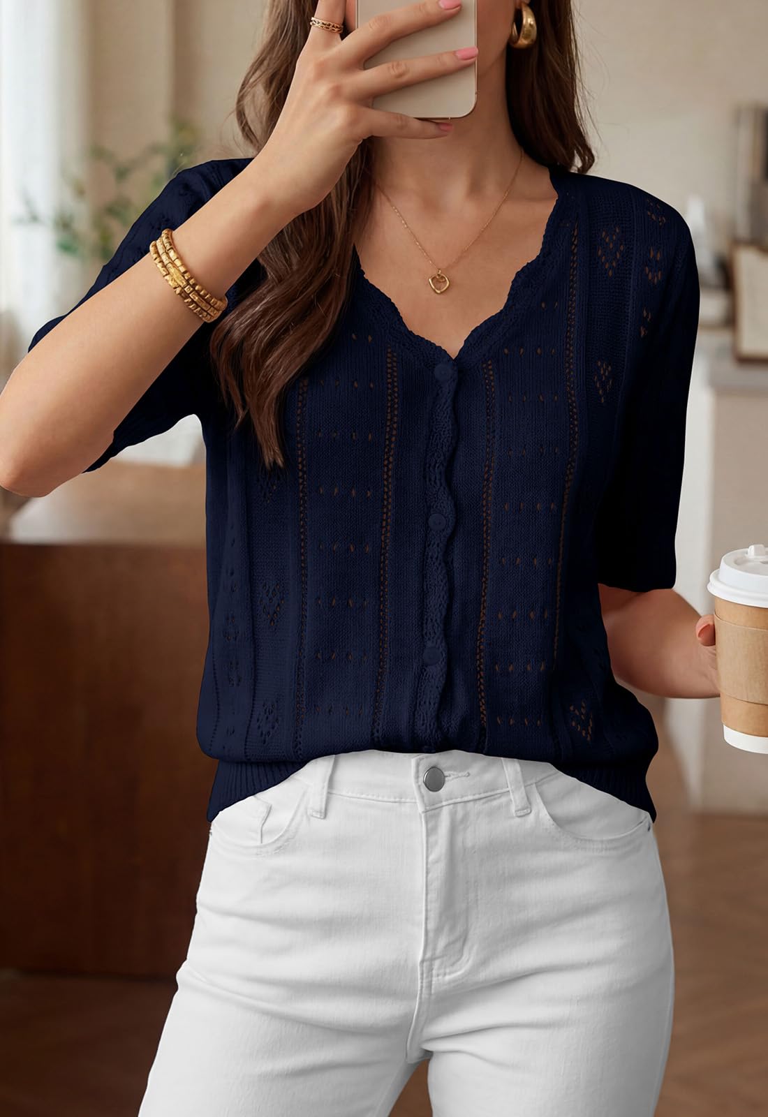 PRETTYGARDEN Womens Short Sleeve Crochet Knit Sweater Spring Fashion Button Down Lightweight Cardigans Summer Tops PRETTYGARDEN