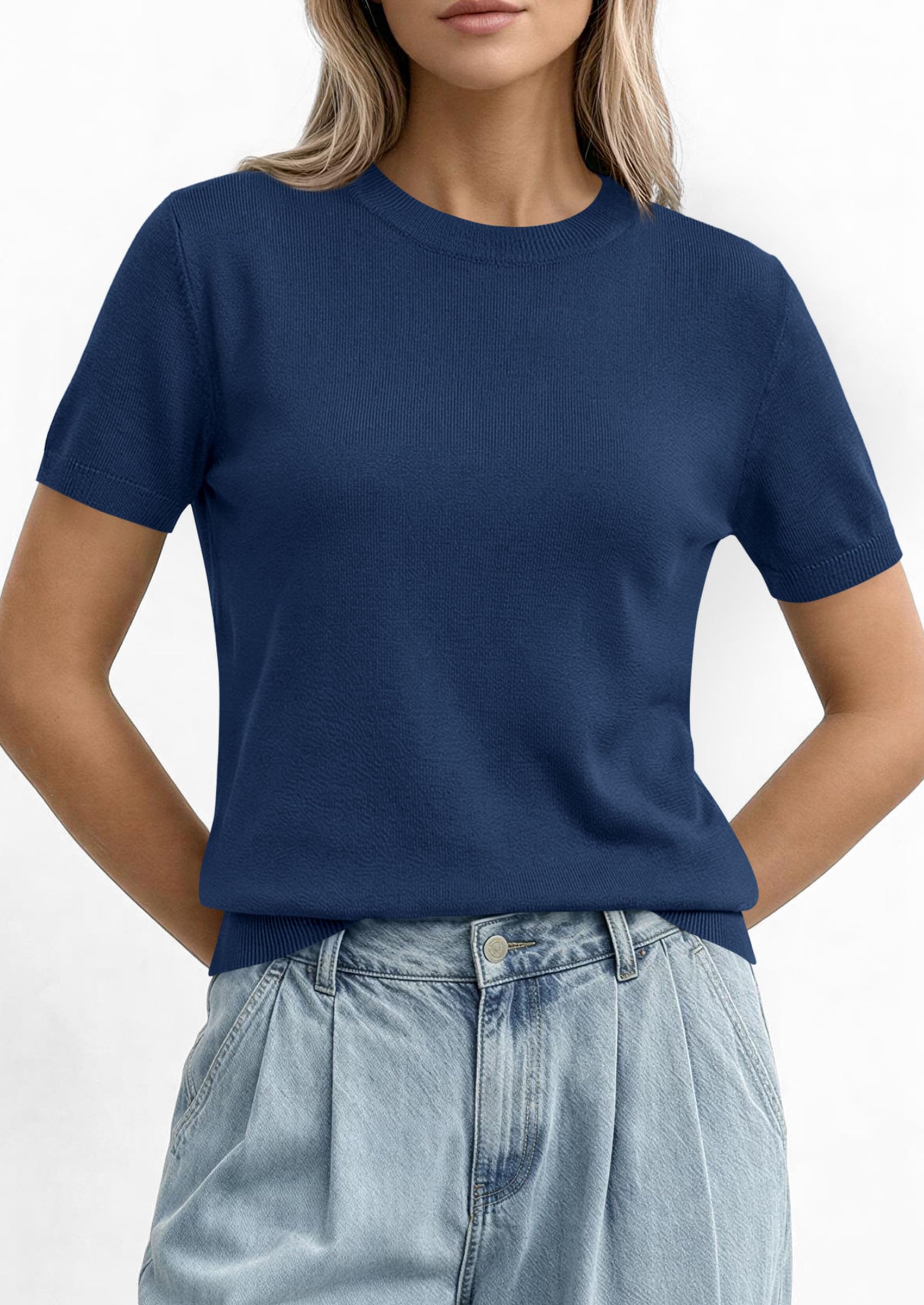 PRETTYGARDEN Women's Short Sleeve Sweaters Spring Crew Neck Knit Work Shirts Business Casual Tops Summer Fashion Clothes PRETTYGARDEN