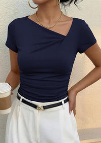 PRETTYGARDEN Women's Summer Asymmetrical Y2K Tops Trendy Ribbed Short Sleeve Fitted Tee Shirts Spring Fashion Clothing PRETTYGARDEN