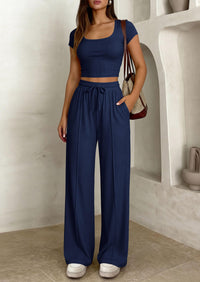 PRETTYGARDEN Women's 2 Piece Matching Lounge Sets Ribbed Short Sleeve Crop Tops Wide Leg Pants Summer Airport Outfits PRETTYGARDEN