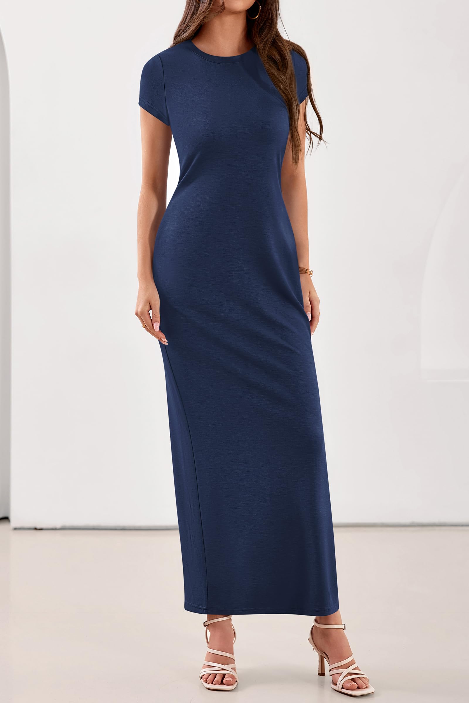 PRETTYGARDEN Womens Summer Maxi Dresses Casual Short Sleeve Crewneck Knit Slit T Shirt Dress Spring Long Beach Sundress PRETTYGARDEN