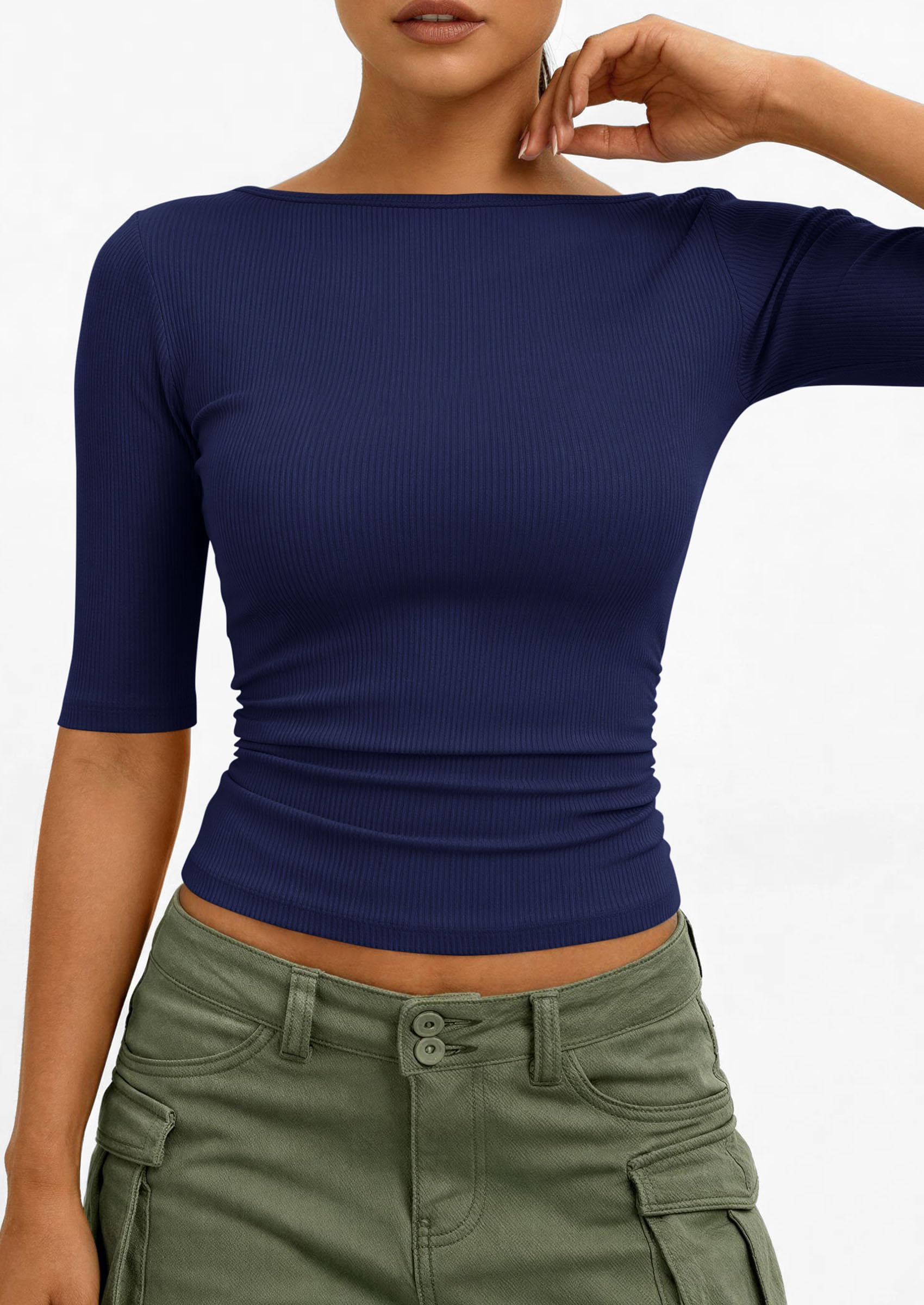 PRETTYGARDEN Womens Summer Short Sleeve Tops Boat Neck Ribbed Knit Slim Fit T Shirt Casual Basic Top Spring Clothes PRETTYGARDEN